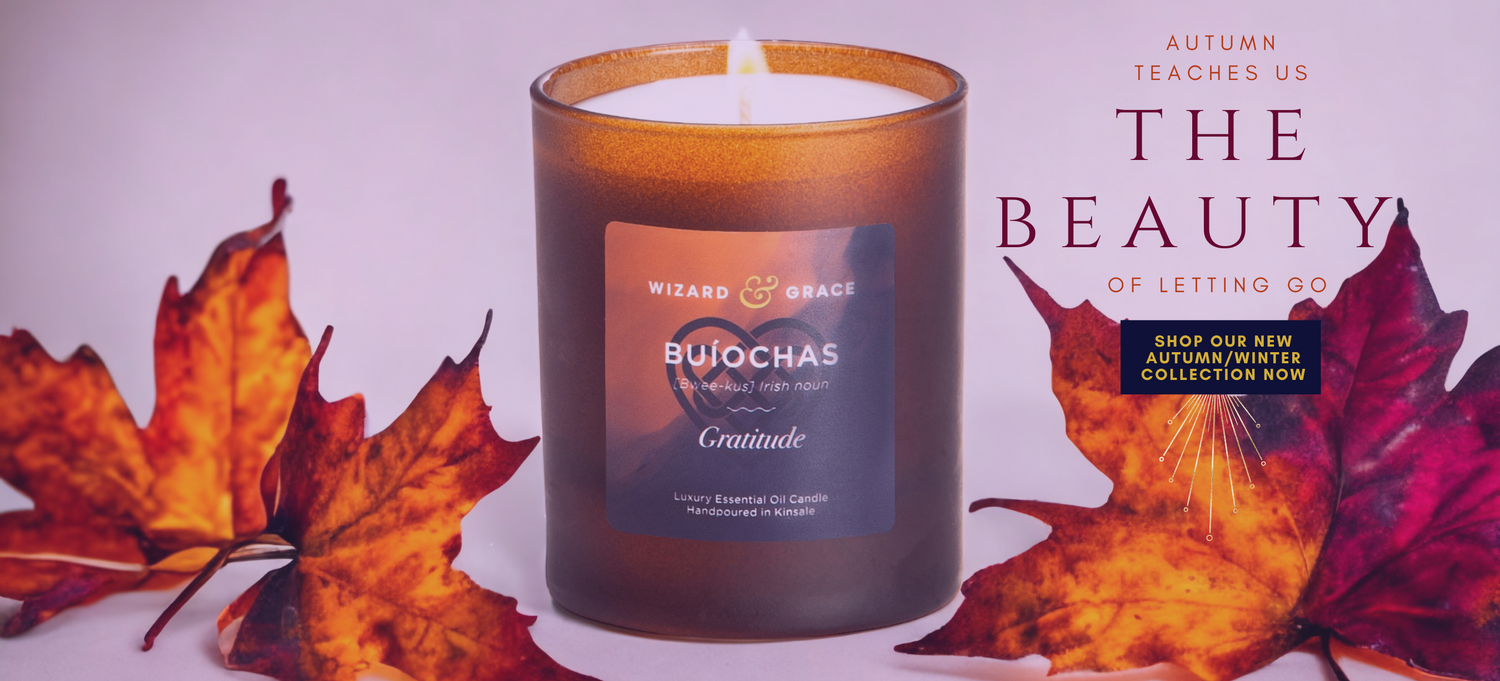 Wizard & Grace Essential Oil Aromatherapy Candle picture of the Wizard & Grace Buiochas Gratitude Essential Oil Candle with Autumn foiliage